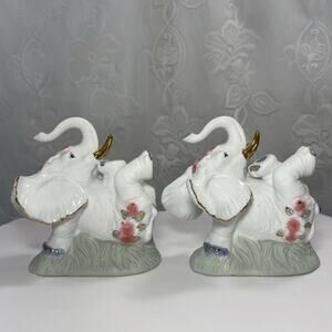 Vintage Ceramic Elephant Twins Laying White FloralGold Husks #4 #5